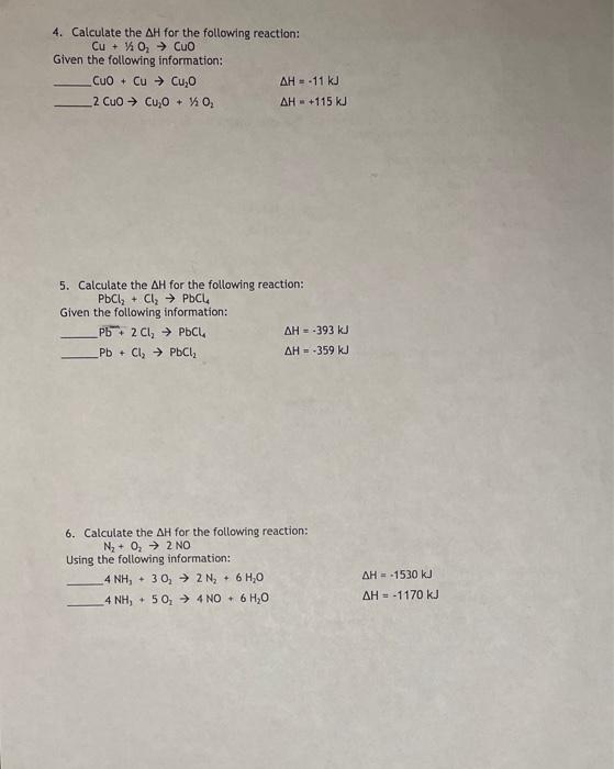 Solved Unit Thermochemistry Hesss Law Wksh 6