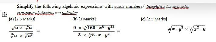 Simplify the following algebraic expressions with surds numbers/ Simplifica las siguientes expreiones algebraicas con radical