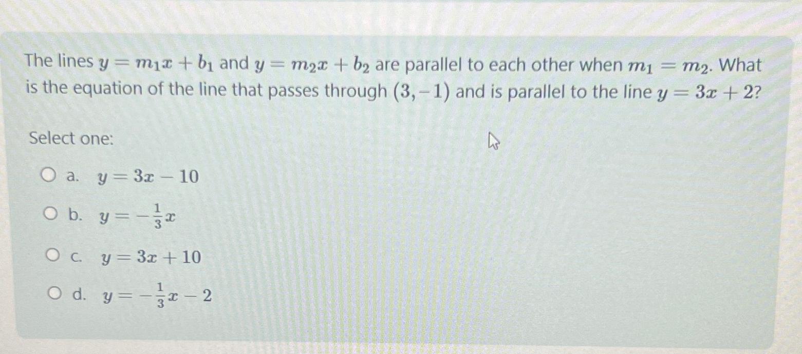 Solved The lines y=m1x+b1 ﻿and y=m2x+b2 ﻿are parallel to | Chegg.com