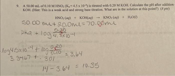 9. A 50.00 mL of 0.10 M HNO2 (K₁= 4.5 x 10-4) is | Chegg.com