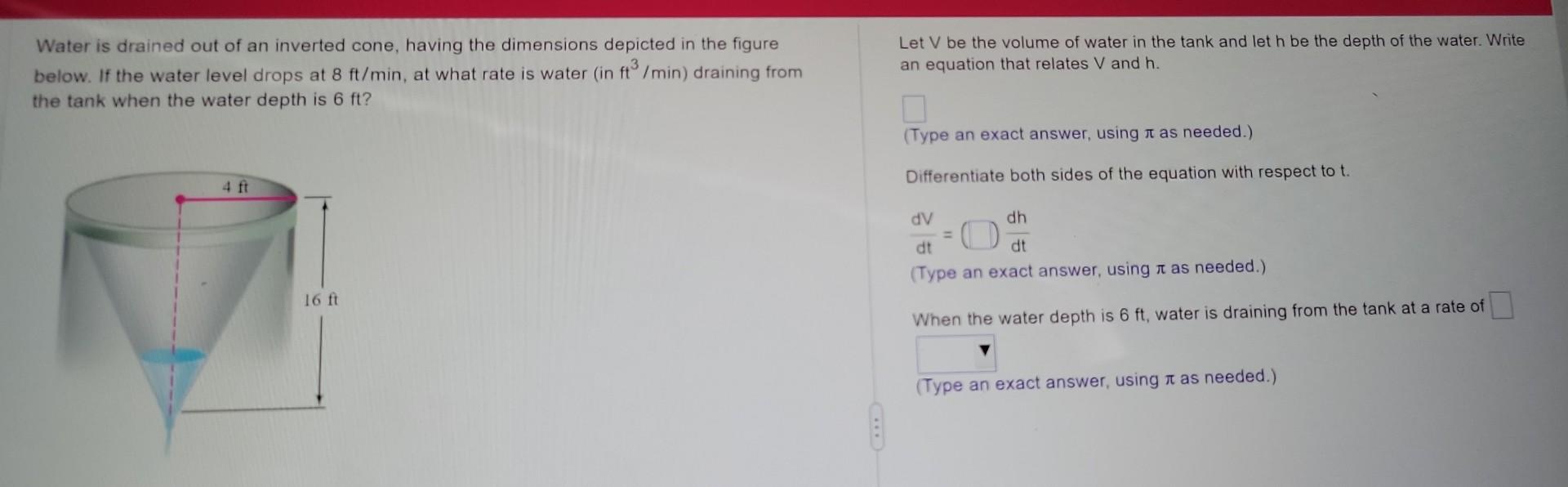 Solved Water is drained out of an inverted cone, having the | Chegg.com