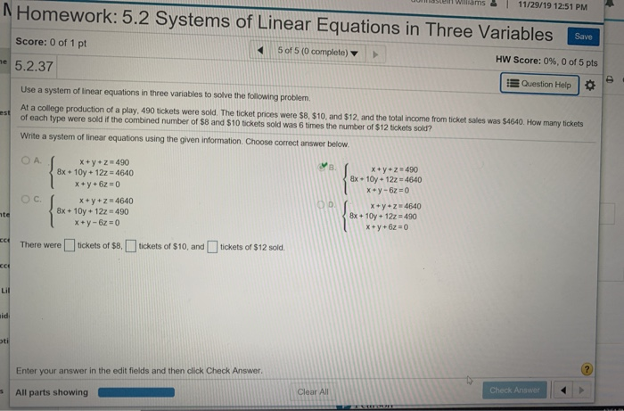 Solved Homework: 5.2 Systems of Linear Equations in Three | Chegg.com