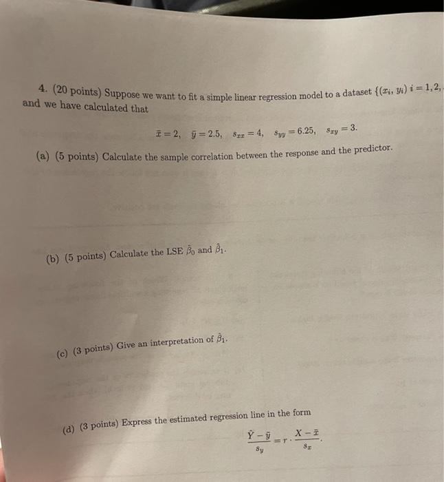 Solved A. (20 points) Suppose we want to fit a simple linear | Chegg.com