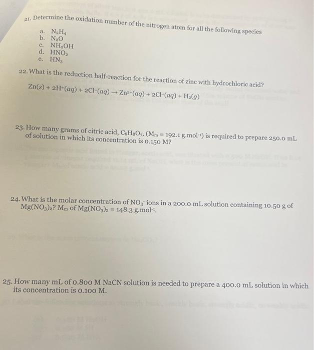 Solved 21. Determine The Oxidation Number Of The Nitrogen 