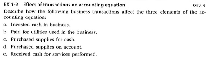 Solved EX 1-9 Effect of transactions on accounting equation | Chegg.com