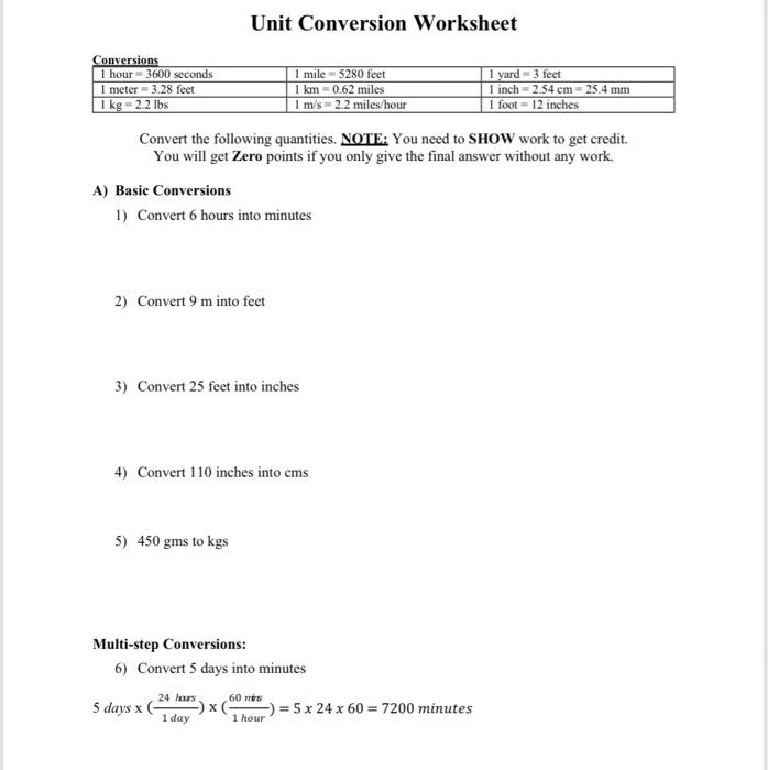 Solved Unit Conversion Worksheet 1 Conversions 1 hour - 3600 | Chegg.com