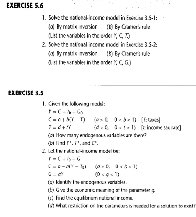 Solved EXERCISE 5.6 1. Solve the national-income model in | Chegg.com