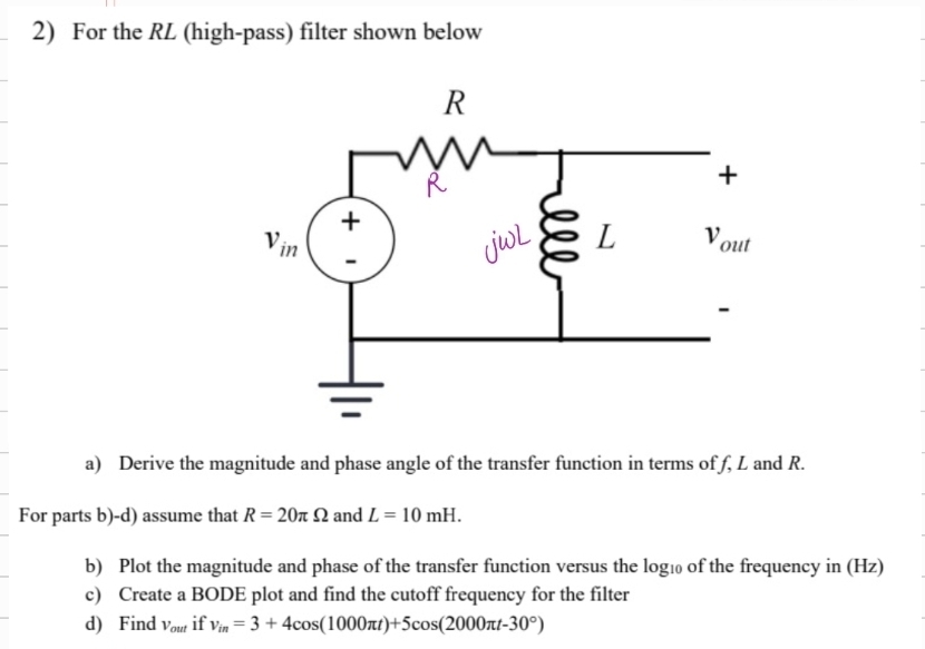 Solved For the RL (high-pass) ﻿filter shown belowa) ﻿Derive | Chegg.com