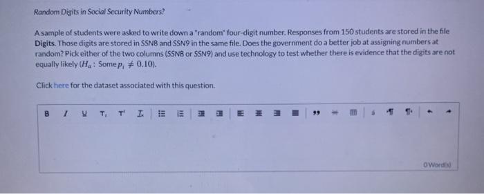 Solved Random Digits in Social Security Numbers? A sample of | Chegg.com