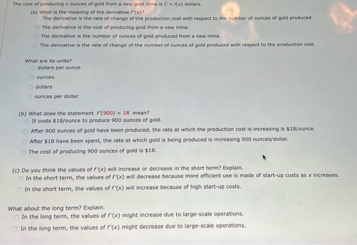 Solved The cost of producing x ounces of gold from a new | Chegg.com