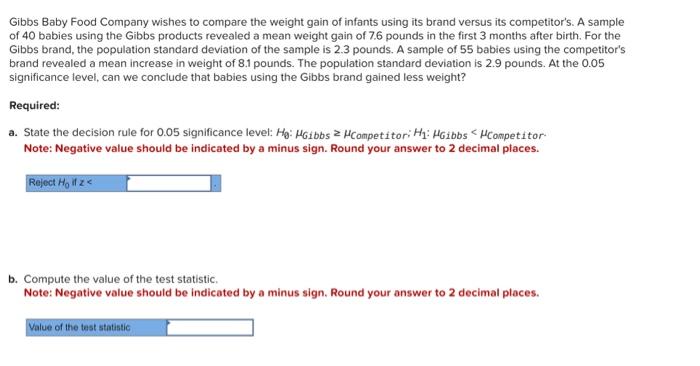 Solved Gibbs Baby Food Company wishes to compare the weight | Chegg.com