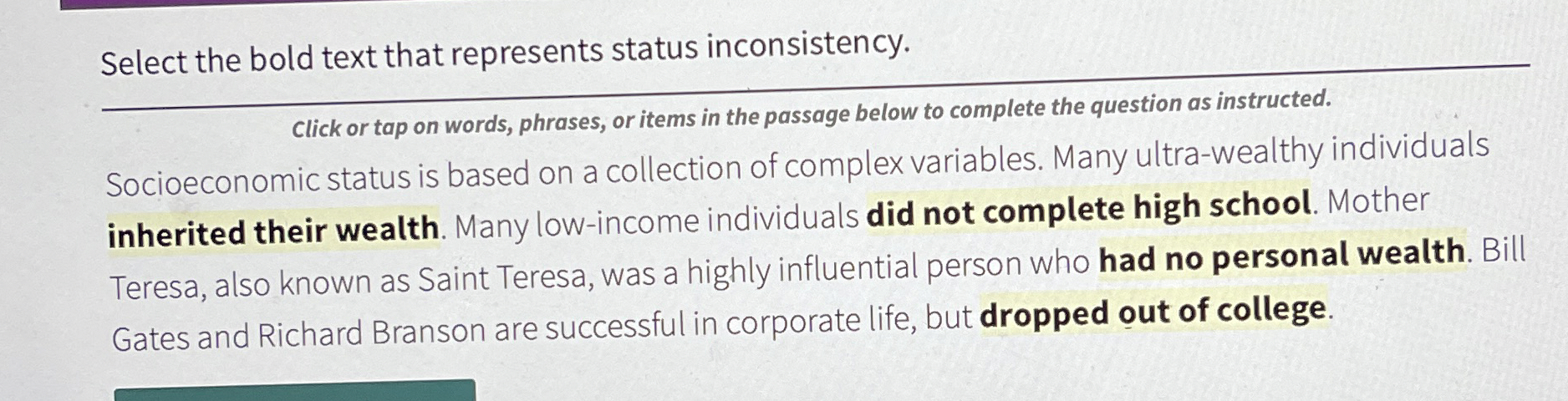 Select the bold text that represents status | Chegg.com