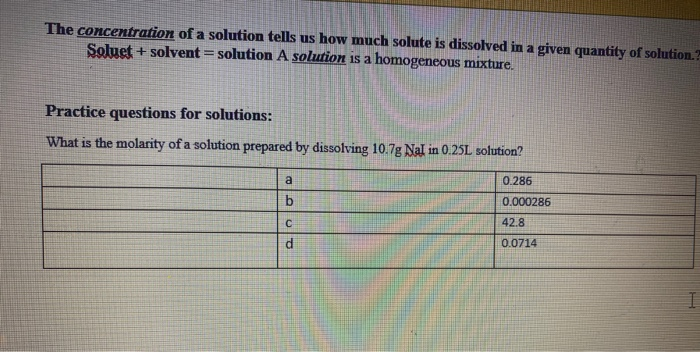 Solved The concentration of a solution tells us how much | Chegg.com