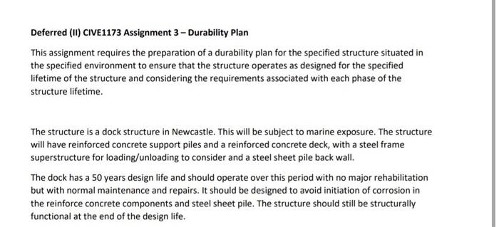 Solved Deferred (II) CIVE1173 Assignment 3 - Durability Plan | Chegg.com