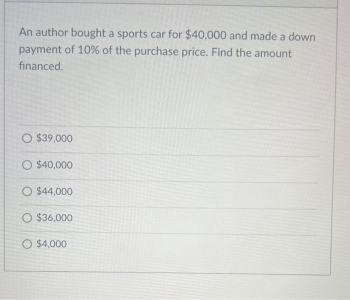 Solved An author bought a sports car for $40,000 and made a | Chegg.com