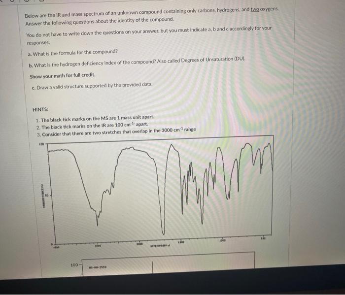 Below are the IR and mass spectrum of an unknown compound containing only carbons, hydrogens, and two oxygens.
Answer the fol