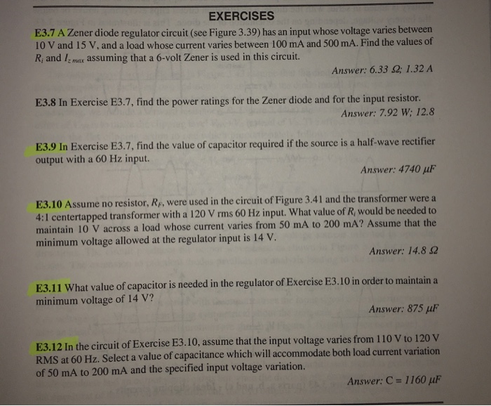 Solved EXERCISES E3.7 A Zener diode regulator circuit (see