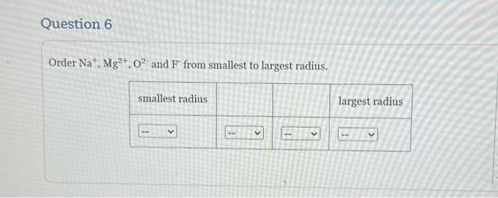 Solved Order Na+,Mg2+,O2− and F from smallest to largest | Chegg.com