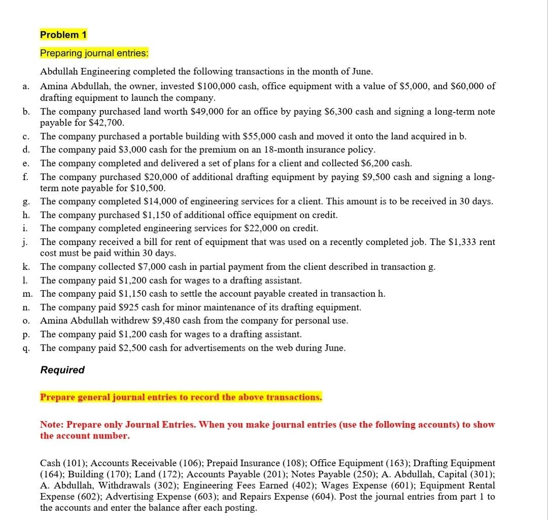 Solved Problem 1 Preparing journal entries: a. c. e. | Chegg.com