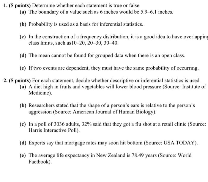 Solved 1. (5 points) Determine whether each statement is | Chegg.com