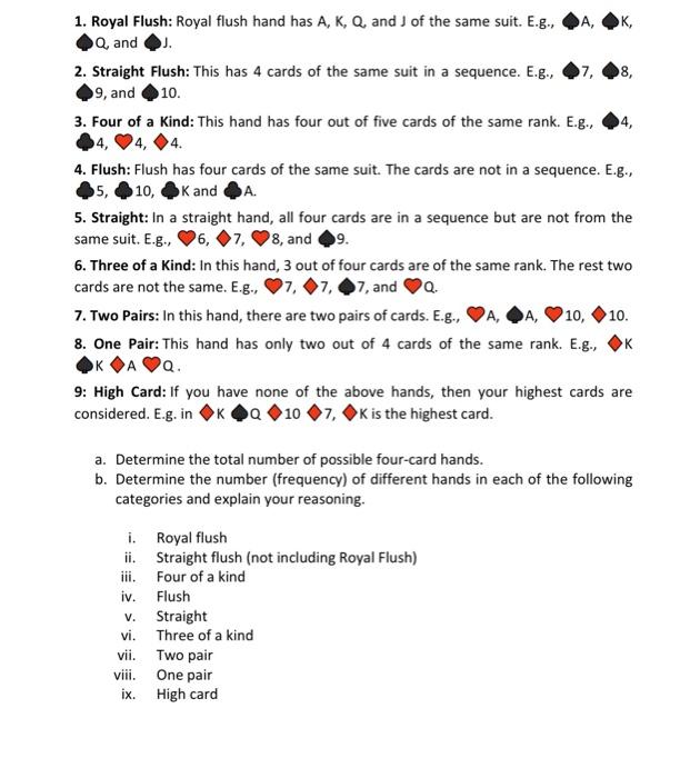 Solved 1. Royal Flush: Royal flush hand has A,K, Q, and of | Chegg.com