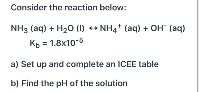 Solved Consider the reaction below: NH3 (aq) + H20 (1) + | Chegg.com