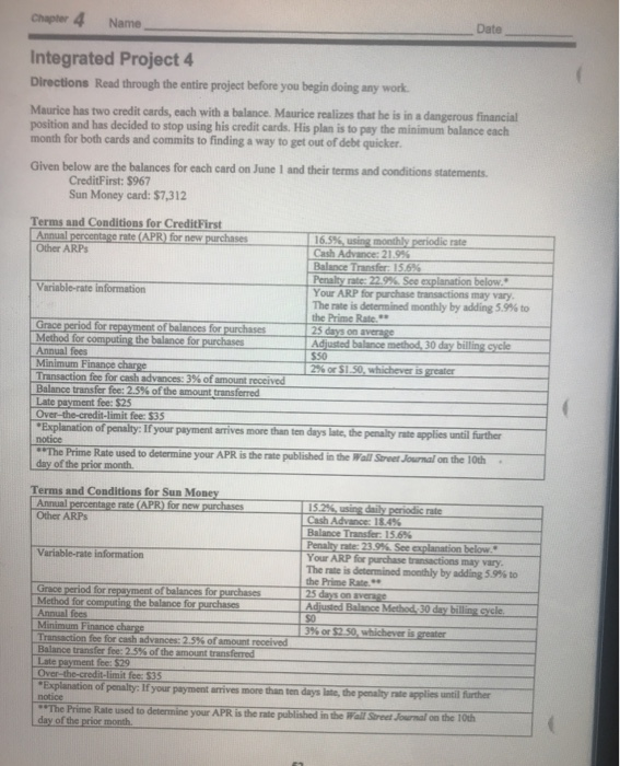 Chapter 4 Name Date Integrated Project 4 Directions | Chegg.com