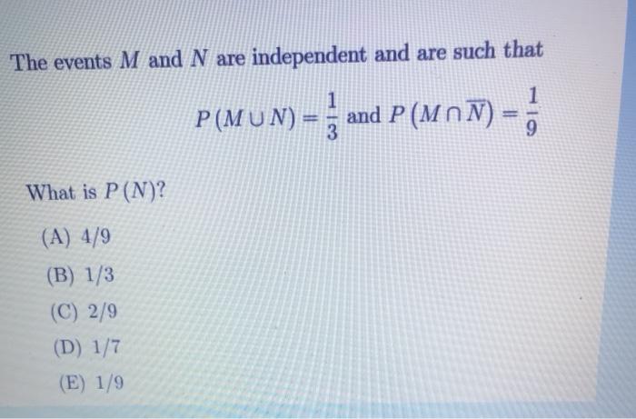 Solved The Events M And N Are Independent And Are Such Th Chegg Com