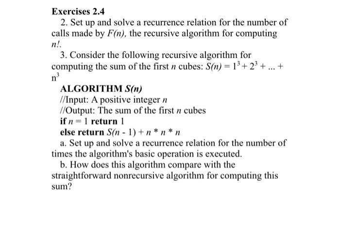 Solved Exercises 2.4 2. Set up and solve a recurrence | Chegg.com