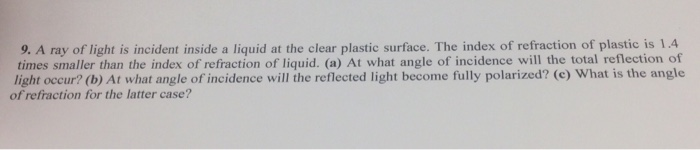 Solved 9. A ray of light is incident inside a liquid at the | Chegg.com