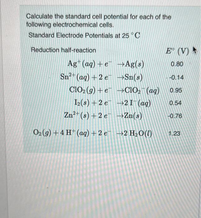 Solved Calculate The Standard Cell Potential For Each Of 5745