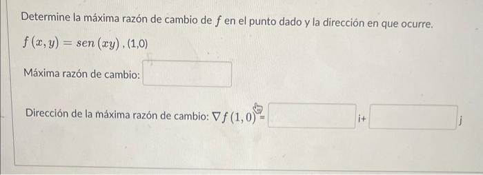 Determine la máxima razón de cambio de \( f \) en el punto dado y la dirección en que ocurre. \[ f(x, y)=\operatorname{sen}(x