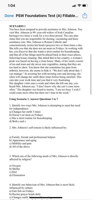 Solved 1:04 Done PSW Foundations Test (A) Fillable... ☺ | Chegg.com