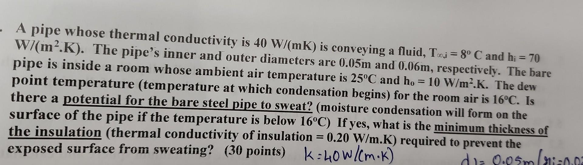 [Solved]: A Pipe Whose Thermal Conductivity Is