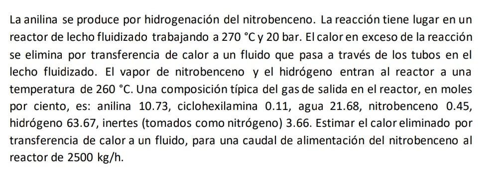 La anilina se produce por hidrogenación del nitrobenceno. La reacción tiene lugar en un reactor de lecho fluidizado trabajand