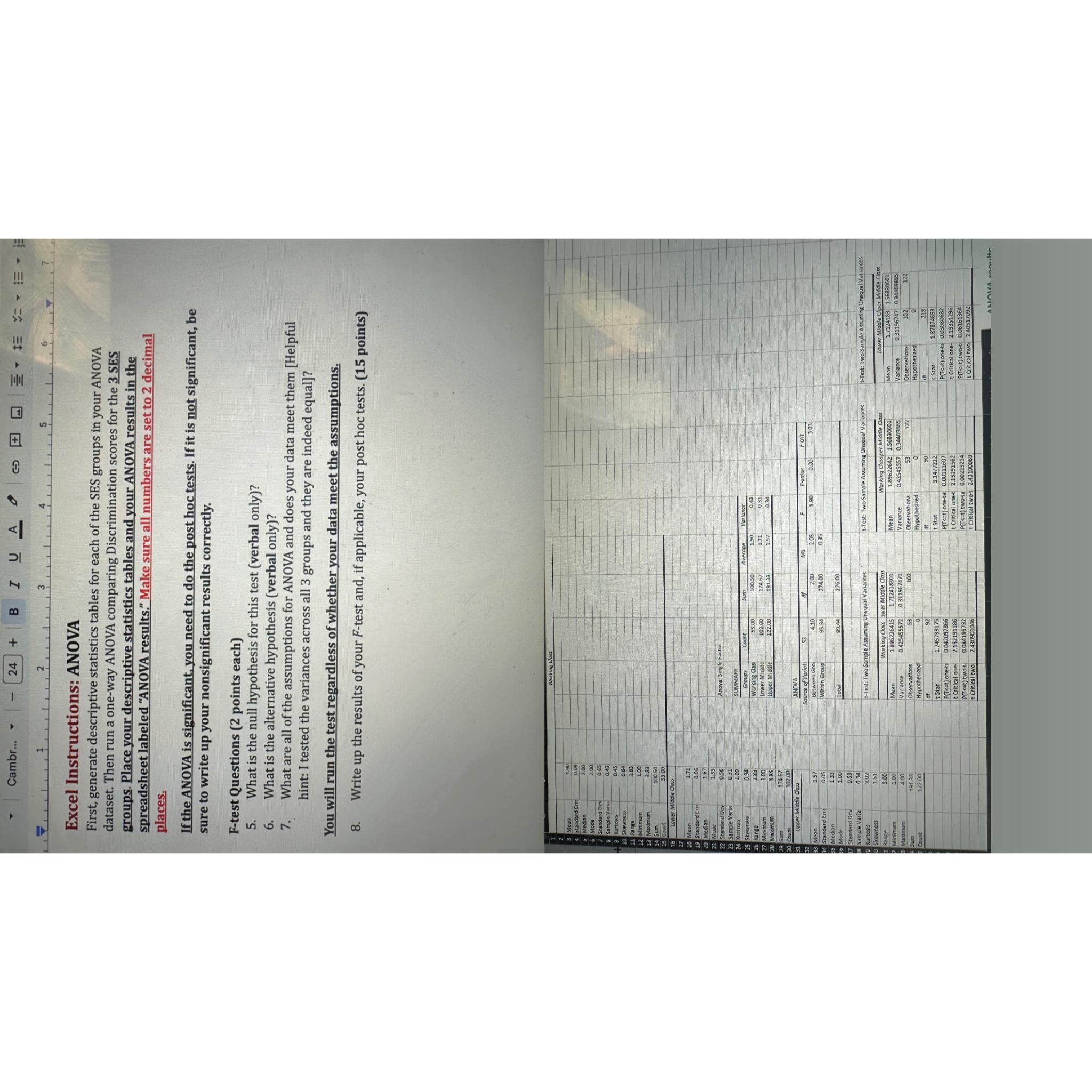Solved Excel Instructions: ANOVAFirst, generate descriptive | Chegg.com image.