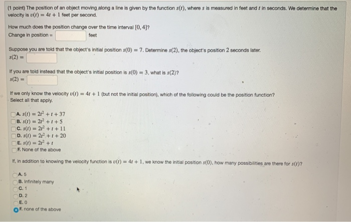 Solved (1 point) The position of an object moving along a | Chegg.com