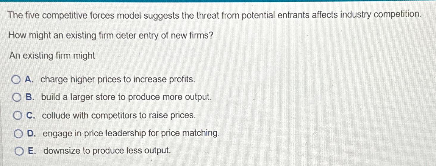 Solved The five competitive forces model suggests the threat | Chegg.com
