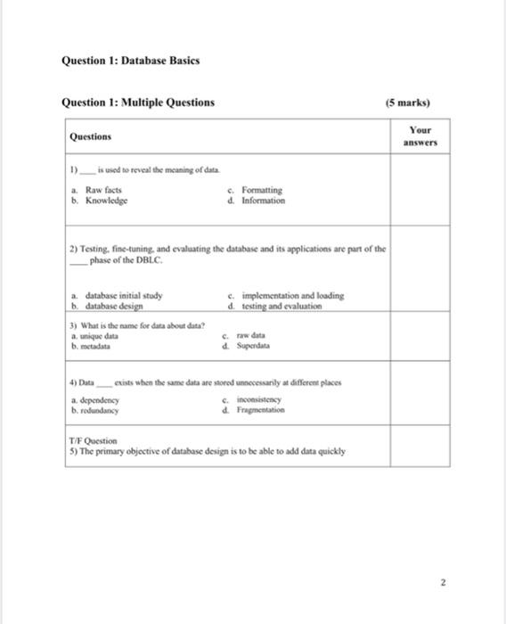 Solved Question 1: Database Basics Question 1: Multiple | Chegg.com