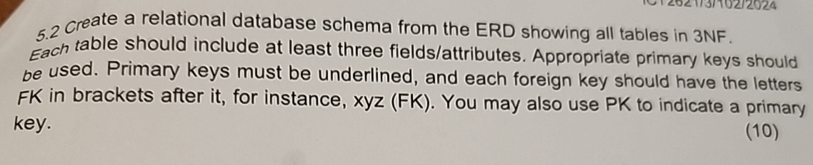 Solved 5.2 ﻿Create a relational database schema from the ERD | Chegg.com