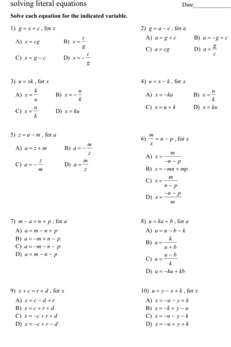 Date Solving Literal Equations Solve Each Equation Chegg Com