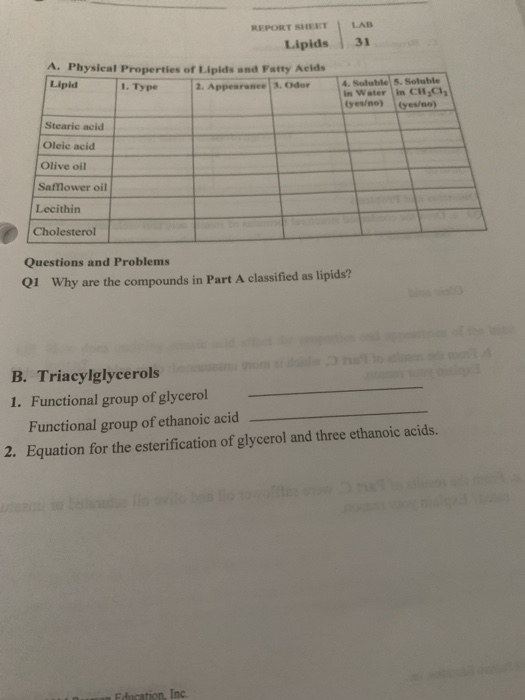 Solved REPORT SHEET Lipids LAB 31 A. Physical Properties of