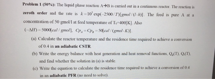 Solved Problem 1 (50%): The liquid phase reaction AB is | Chegg.com