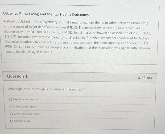 Urban vs Rural Living and Mental Health Outcomes A | Chegg.com