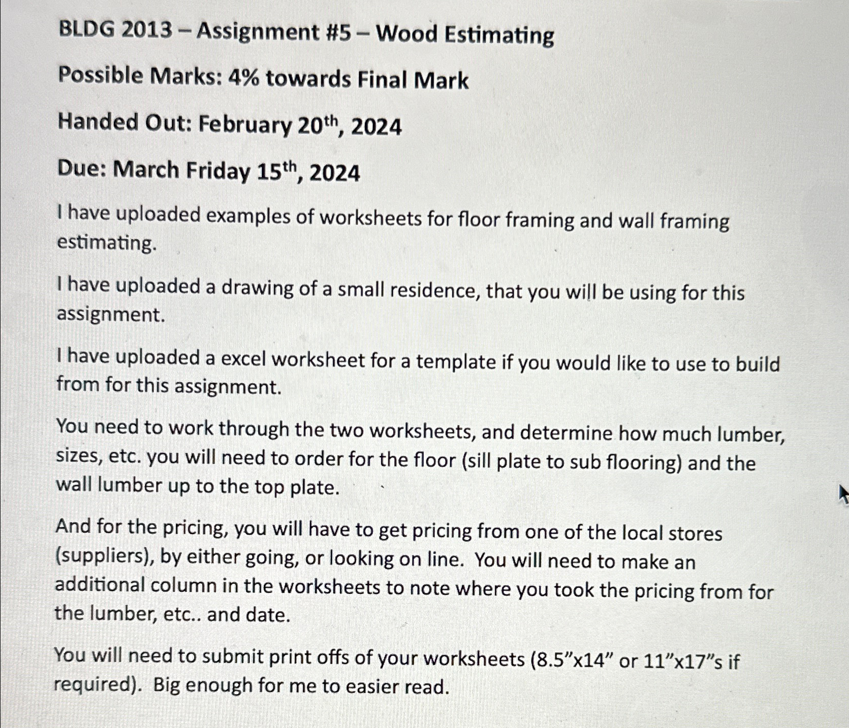 Solved BLDG 2013 - ﻿Assignment #5 - ﻿Wood EstimatingPossible | Chegg.com