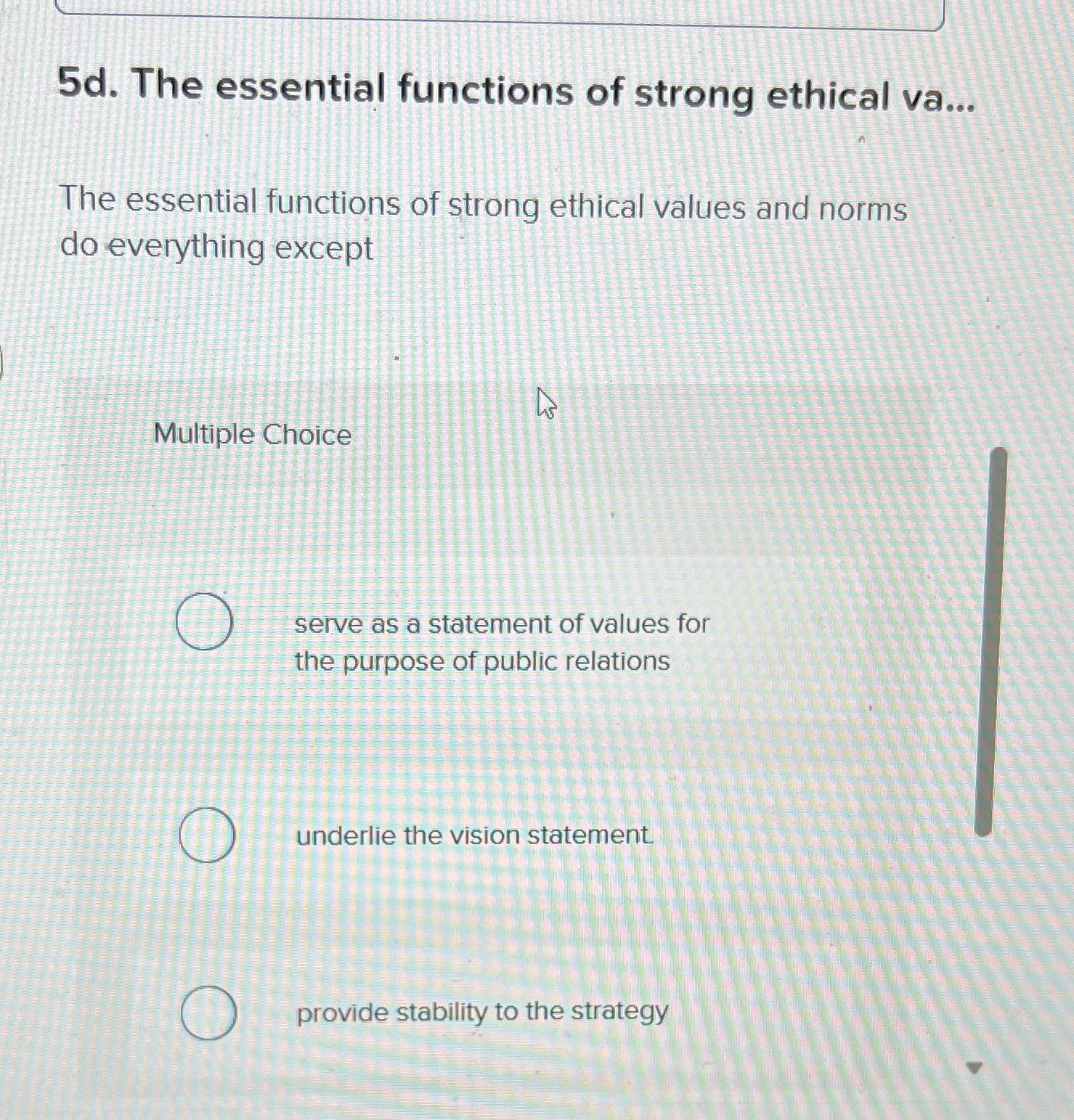 Solved 5d. ﻿The essential functions of strong ethical | Chegg.com