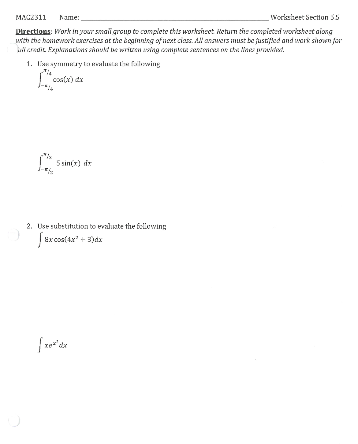 Solved MAC2311 ﻿Name:Worksheet Section 5.5Directions: Work | Chegg.com