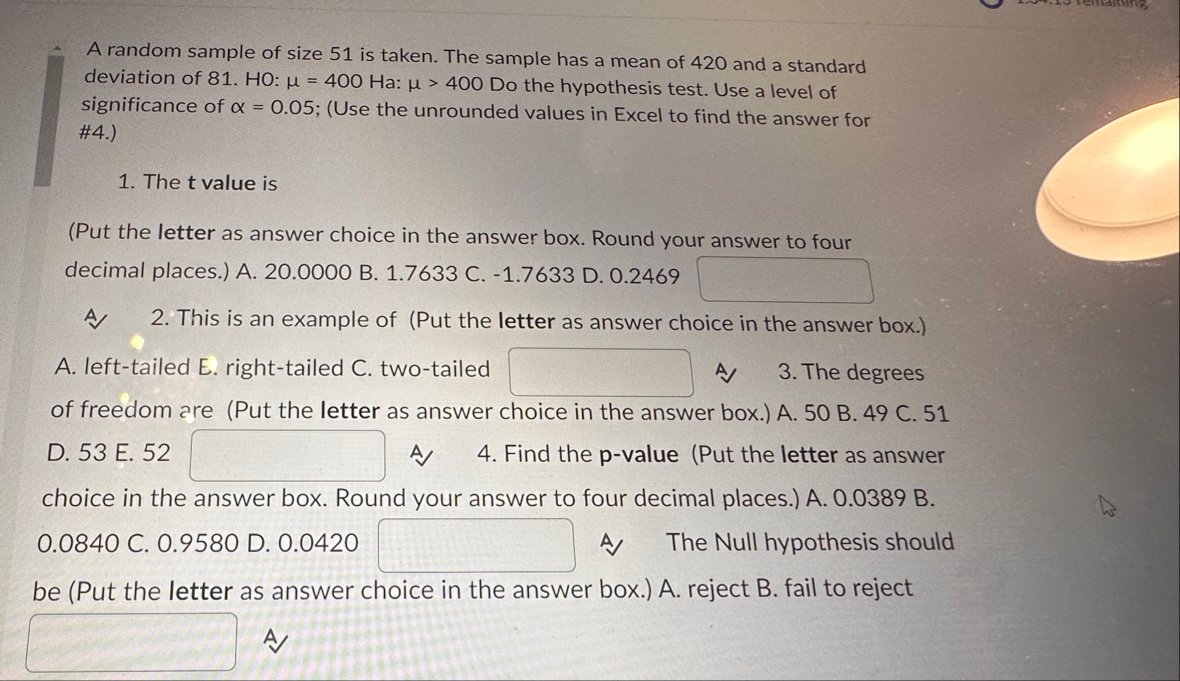 Solved A random sample of size 51 ﻿is taken. The sample has | Chegg.com