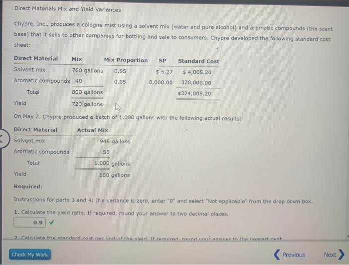 Solved Direct Materials Mix and Yield Variances Chypre,