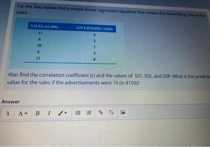 Solved For the data below find a simple linear regression | Chegg.com